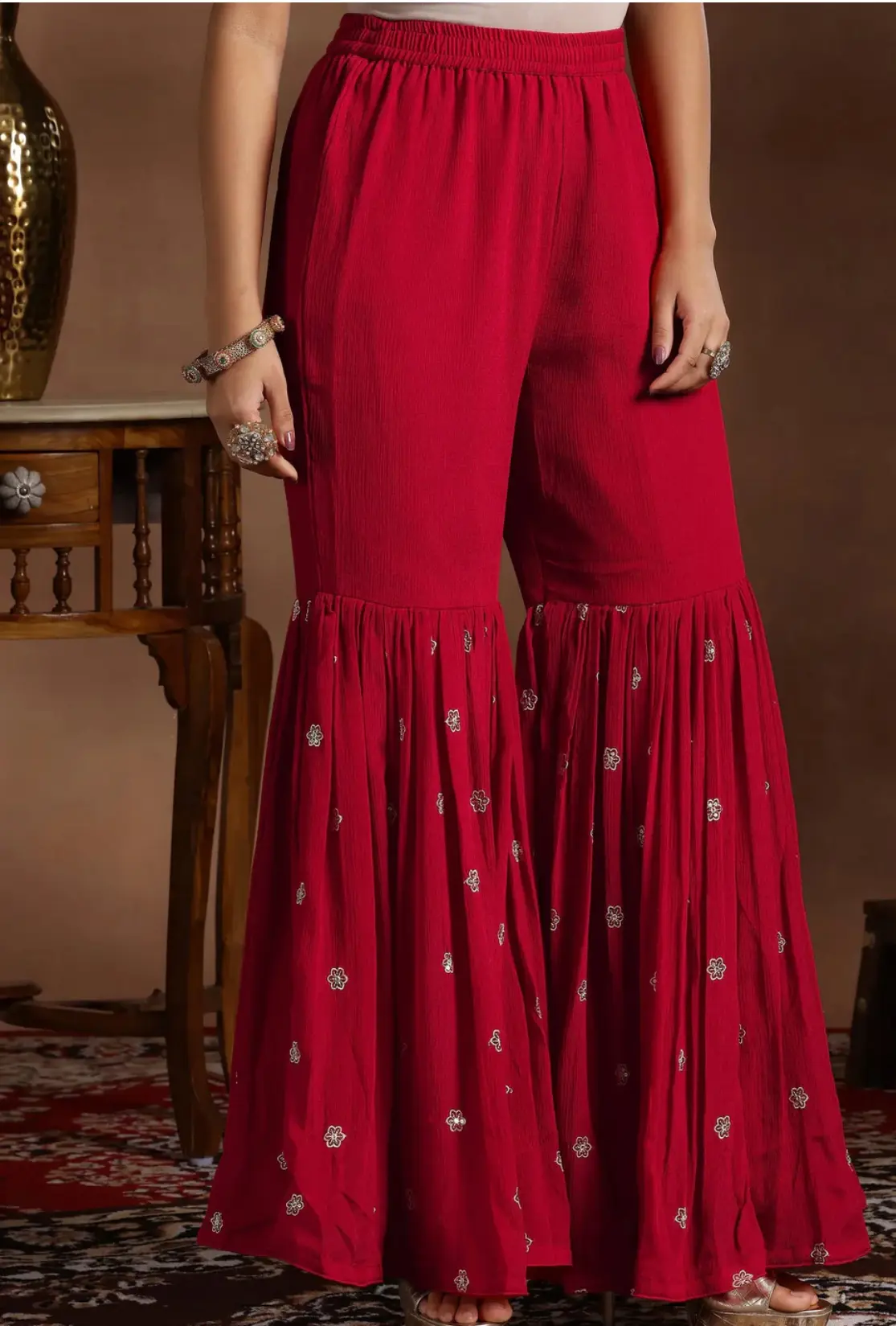 Royal Red Embroidered Silk Sharara Set
