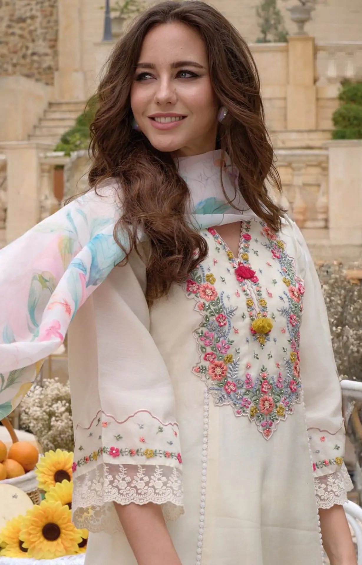 Ivory Blossom Embroidered Kurta Set with Floral Dupatta