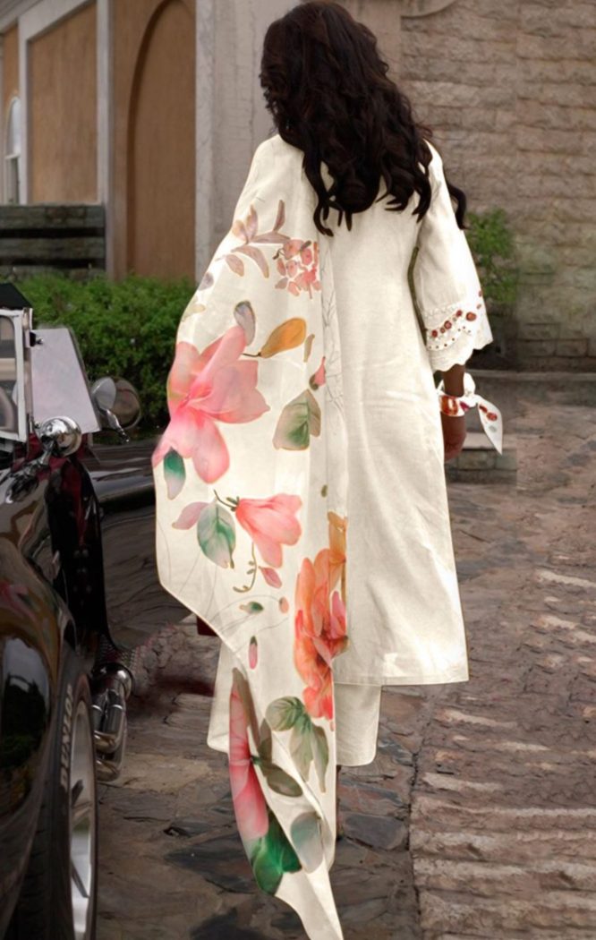 Ivory Blossom Embroidered Kurta Set with Floral Dupatta