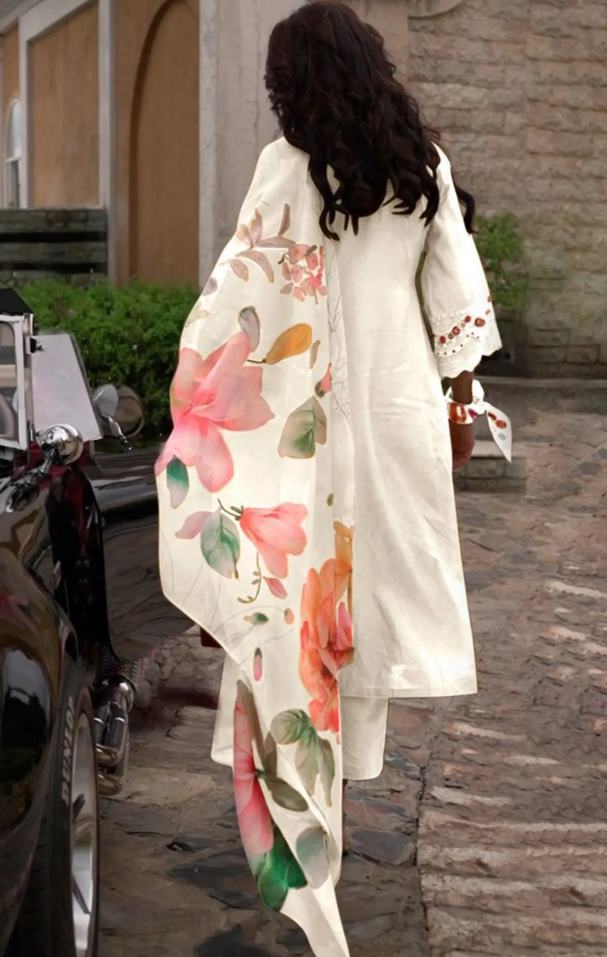 Ivory Blossom Embroidered Kurta Set with Floral Dupatta