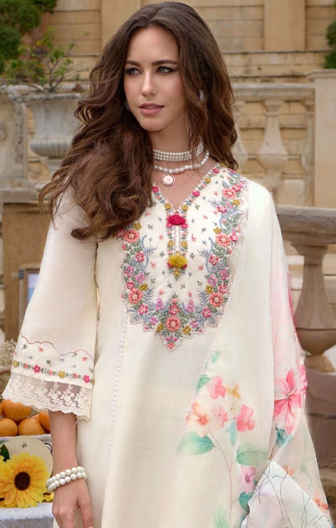Ivory Blossom Embroidered Kurta Set with Floral Dupatta