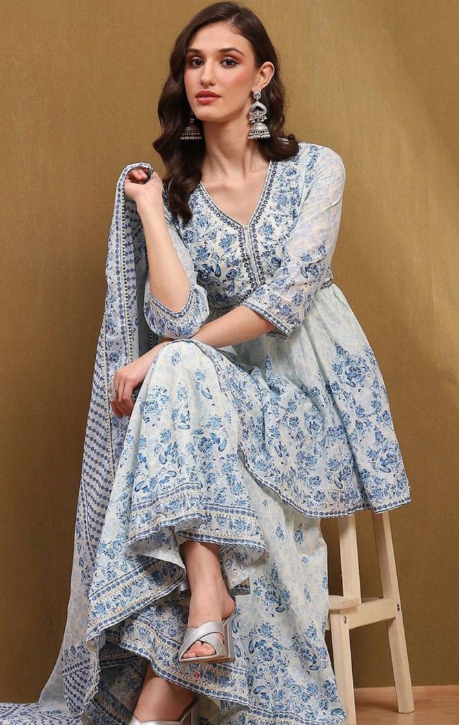 Azure Grace Printed Peplum Kurta Set