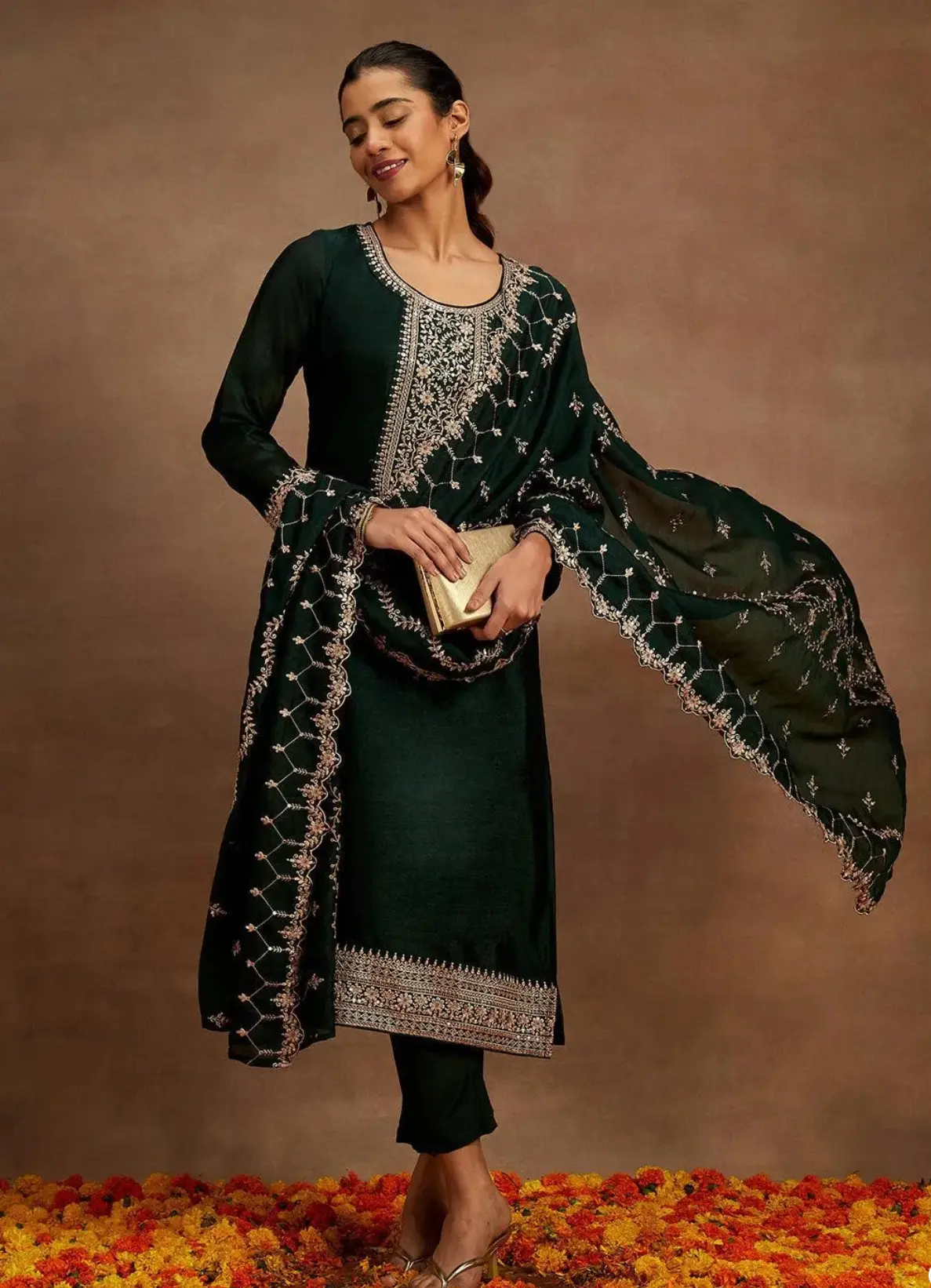 Zehra Emerald Green Embroidered Suit Set