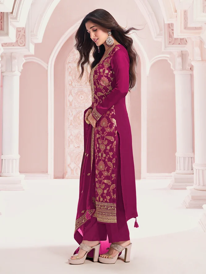 Gulbahaar Wine Gold Embroidered Salwar Suit