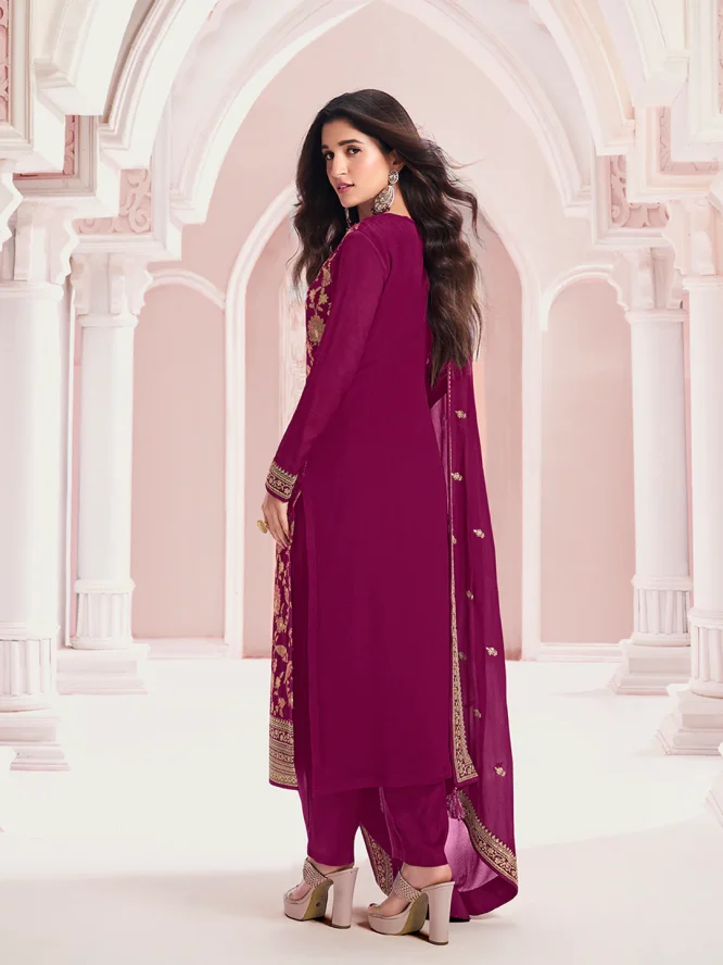 Gulbahaar Wine Gold Embroidered Salwar Suit