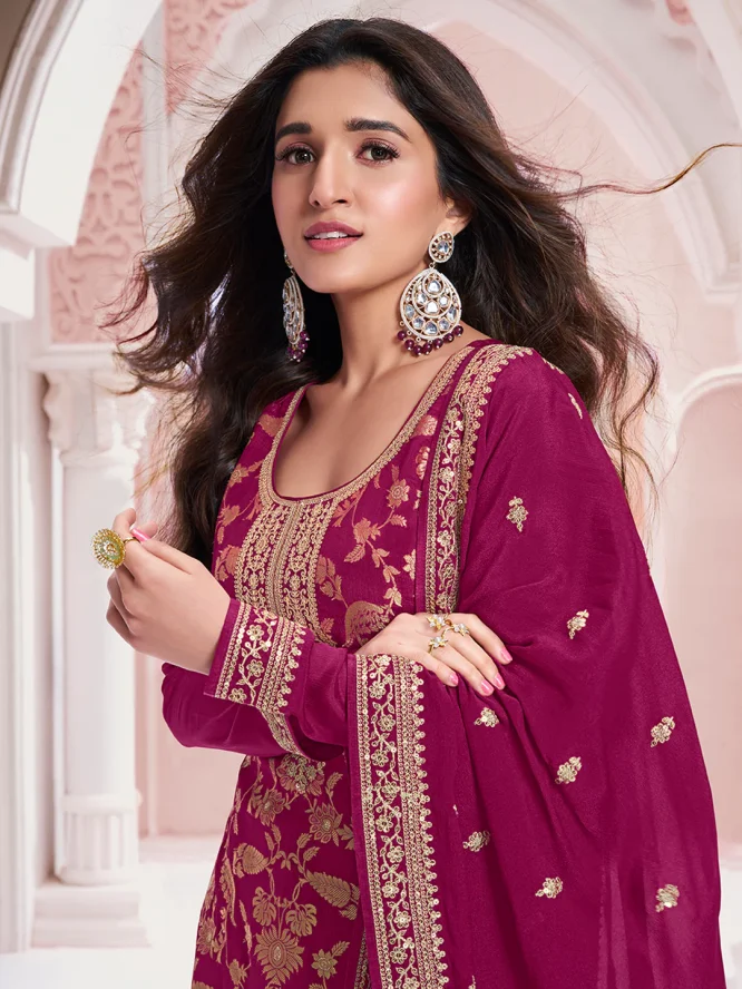 Gulbahaar Wine Gold Embroidered Salwar Suit