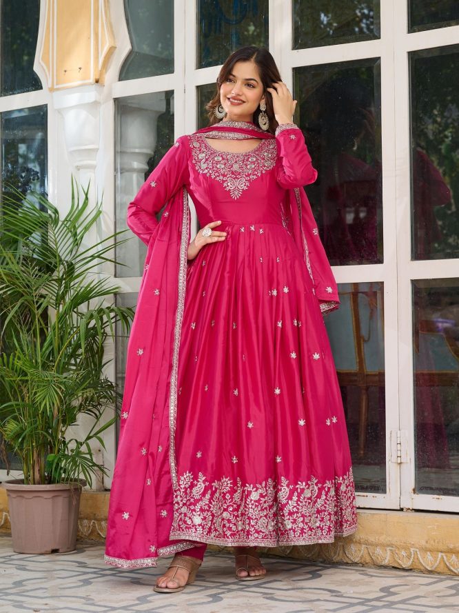 Embroidered Silk Anarkali Suit Set with Dupatta