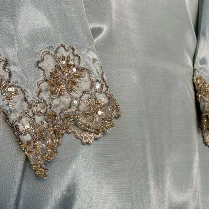 Sage Green Satin Farshi Salwar Set with Hand Embroidered Detailing