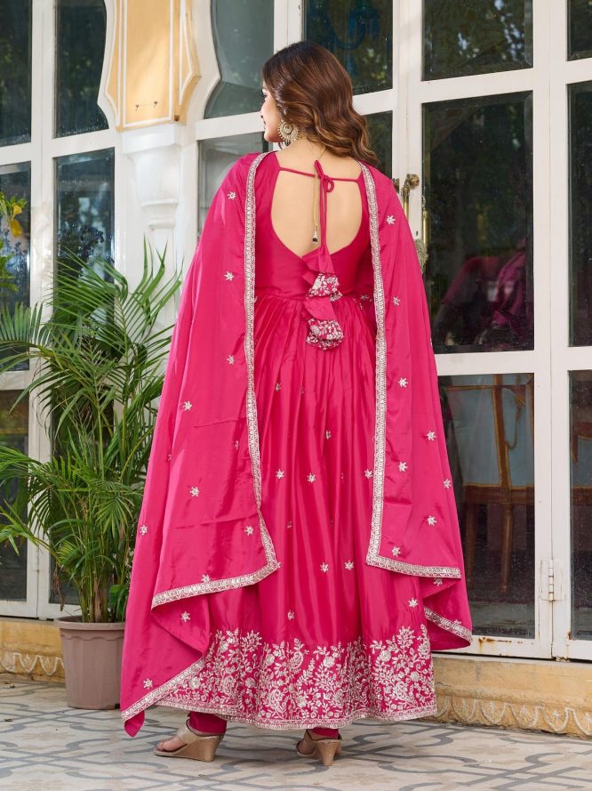 Embroidered Silk Anarkali Suit Set with Dupatta