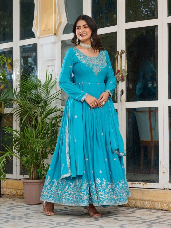 Embroidered Silk Anarkali Suit Set with Dupatta