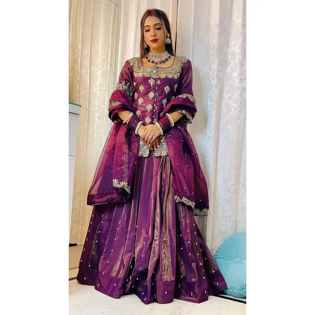 Royal Plum Zari Embroidered Silk Lehenga Set