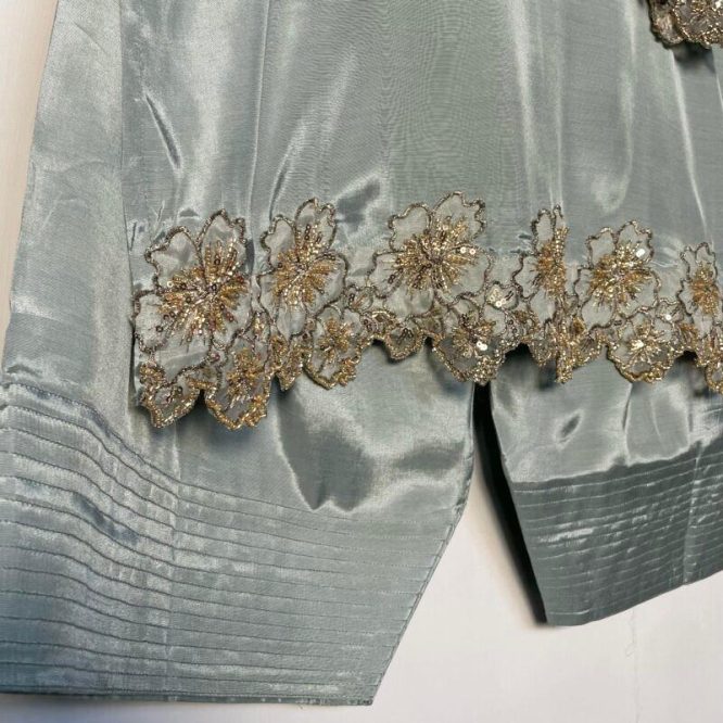 Sage Green Satin Farshi Salwar Set with Hand Embroidered Detailing