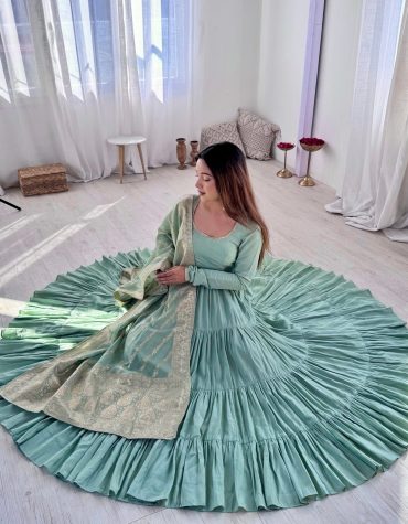 Premium Quality Roman Silk Pista  Anarkali  Suit Set