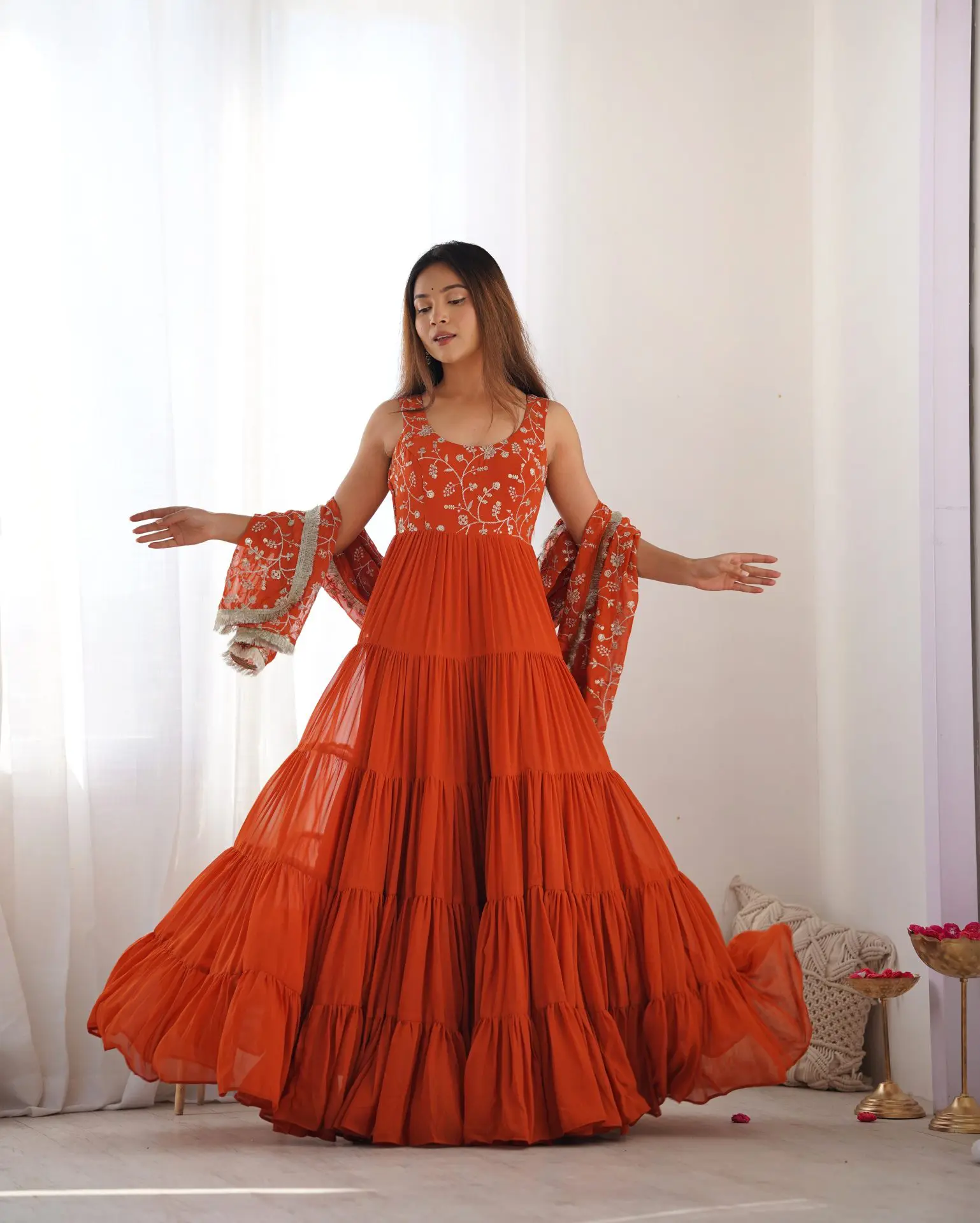 Premium Quality 5 Layers Orange Anarkali Suit Set