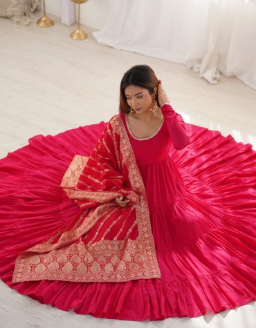 Premium Quality Roman Silk Pink Anarkali  Suit Set
