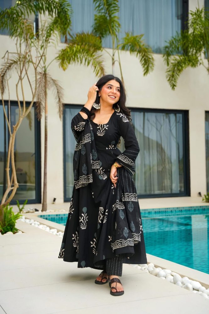 Vavitra's Pure Cotton Black Anarkali Suit Set
