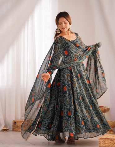 Premium Quality Bandhej Green Anarkali Suit Set