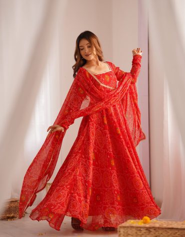 Premium Quality Bandhej Red Anarkali Suit Set