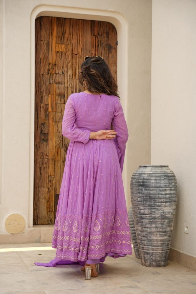 Purple Anarkali suit set.