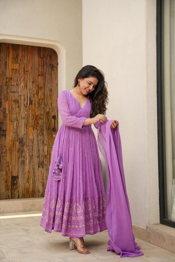 Purple Anarkali suit set.