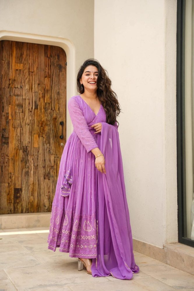 Purple Anarkali suit set.