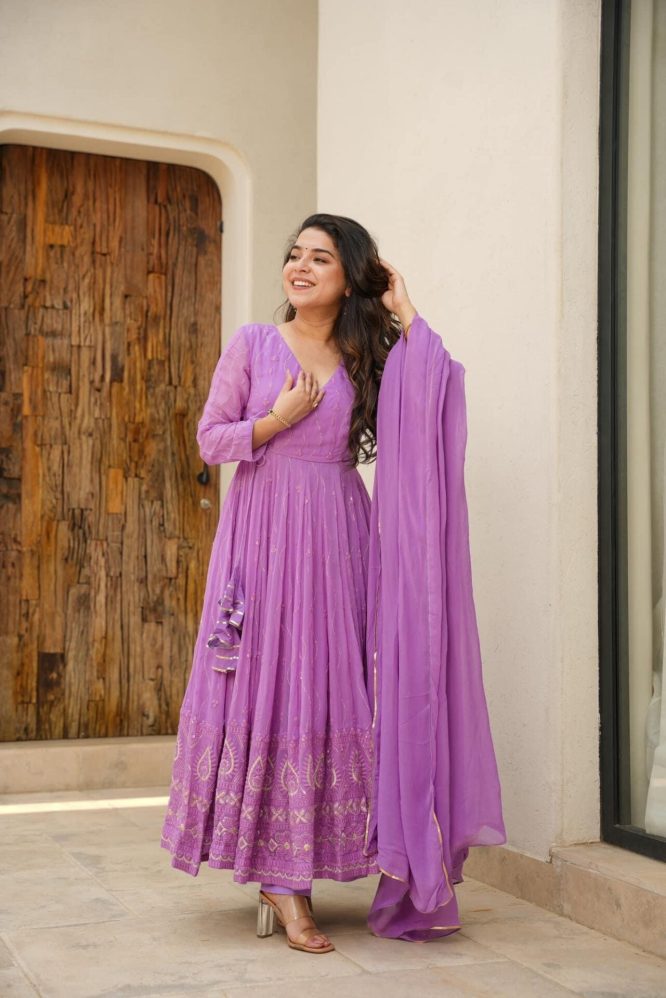 Purple Anarkali suit set.