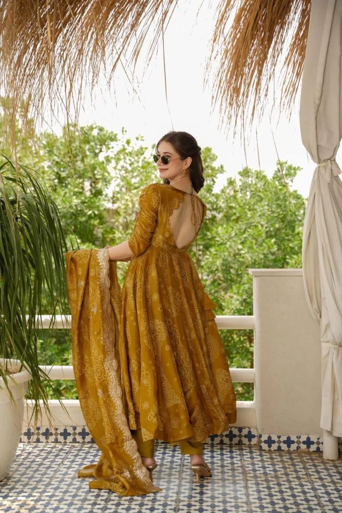 Bandhani Mehndi Colour Anarkali Suit Set