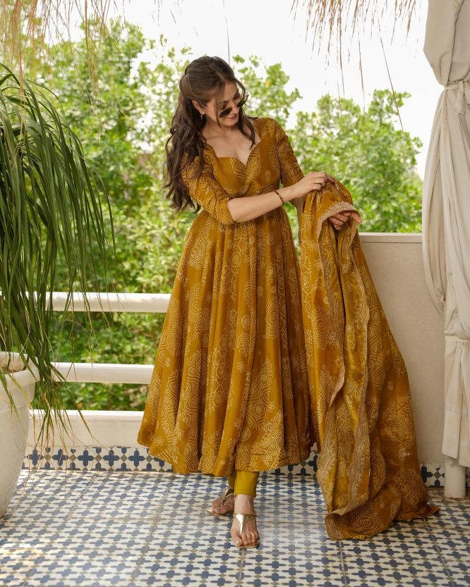 Bandhani Mehndi Colour Anarkali Suit Set