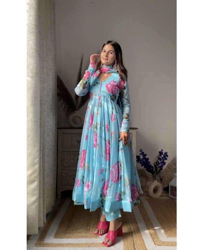 Aniska Sky Blue Floral Print Suit Set