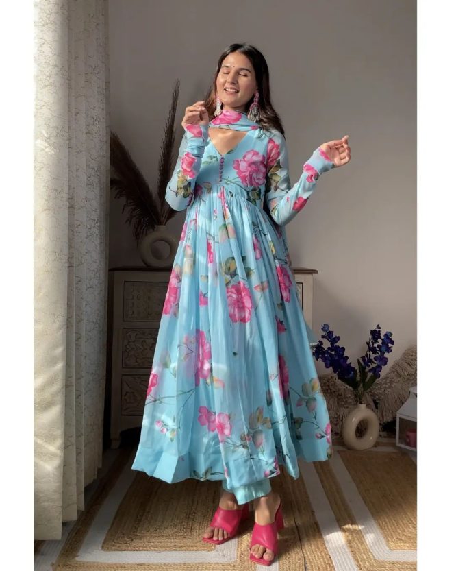 Aniska Sky Blue Floral Print Suit Set