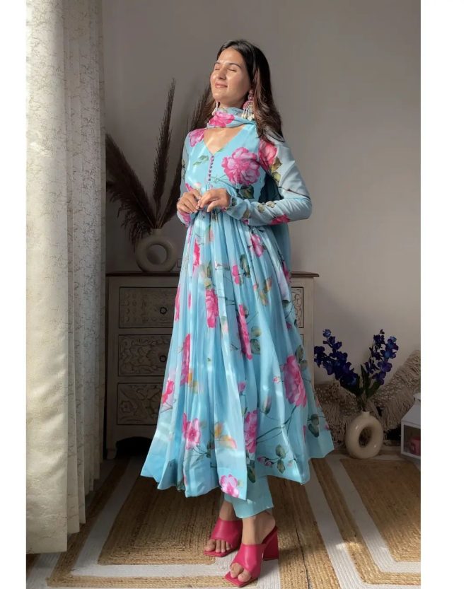 Aniska Sky Blue Floral Print Suit Set