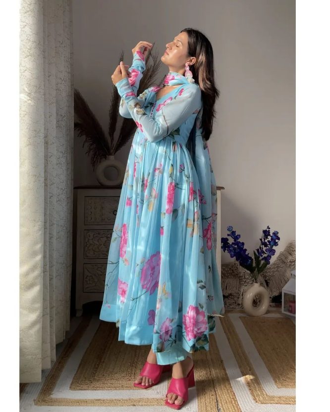 Aniska Sky Blue Floral Print Suit Set