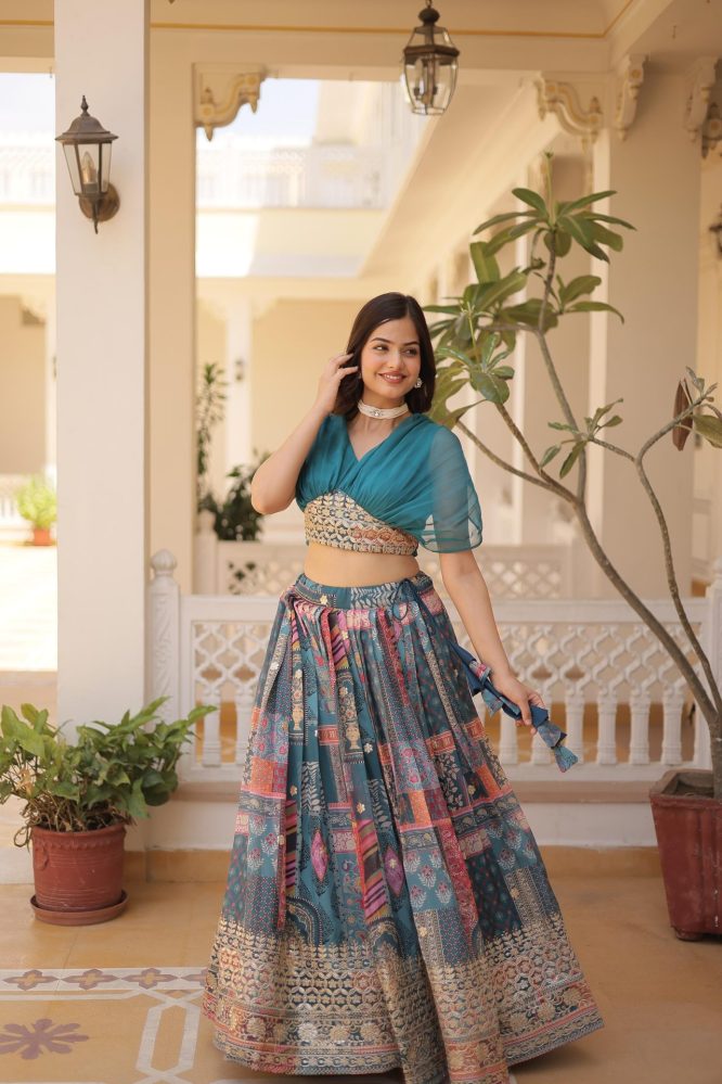 Russian Silk Rich Digital Printed With Foil Embroidery Work Lehenga Choli KA-5032
