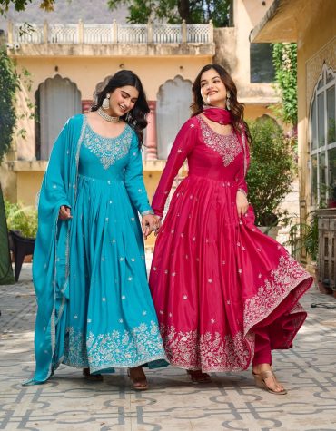 Embroidered Silk Anarkali Suit Set with Dupatta
