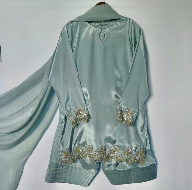 Sage Green Satin Farshi Salwar Set with Hand Embroidered Detailing