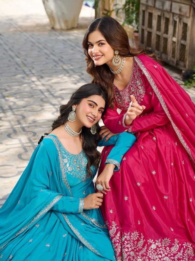 Embroidered Silk Anarkali Suit Set with Dupatta