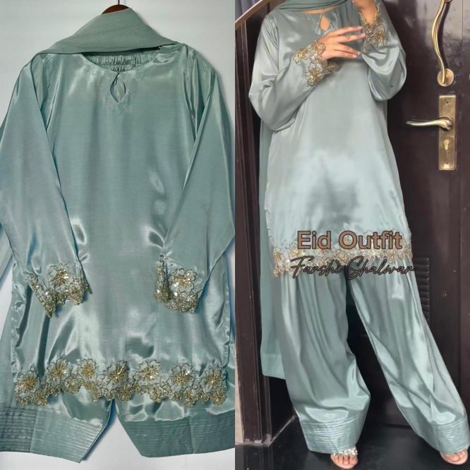 Sage Green Satin Farshi Salwar Set with Hand Embroidered Detailing