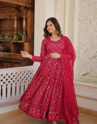 RANI & WINE  EMBROIDERED GEORGETTE ANARKALI  SUIT SET