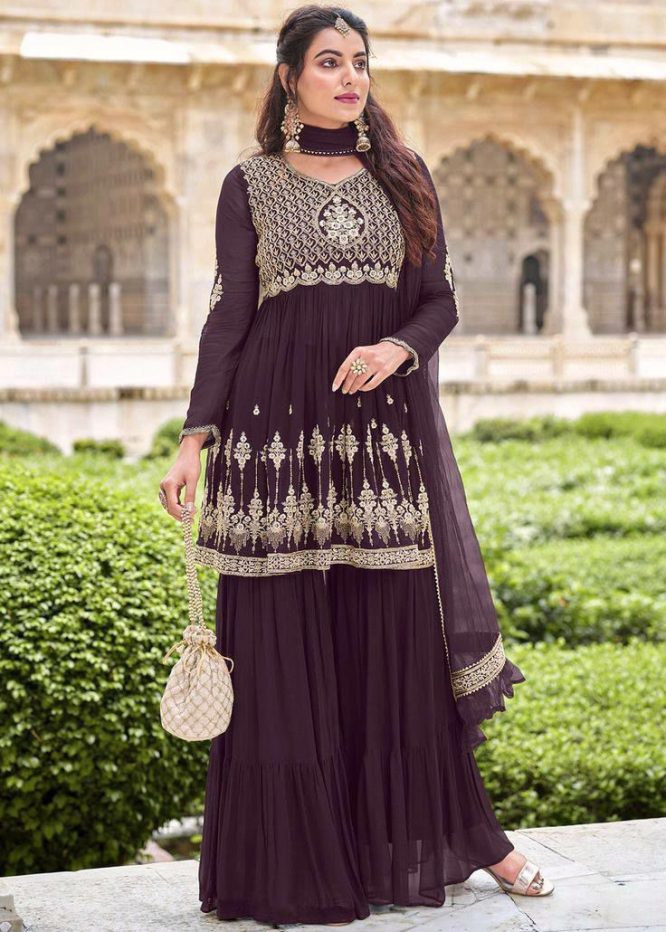 Chocolate Coloured Embroidered Top and Plazzo