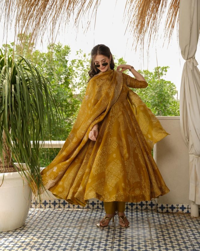 Bandhani Mehndi Colour Anarkali Suit Set