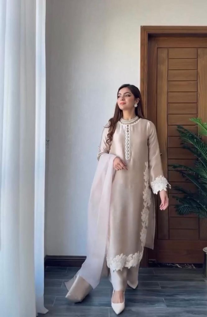 Pearl Beige Embroidered Silk Kurta Set