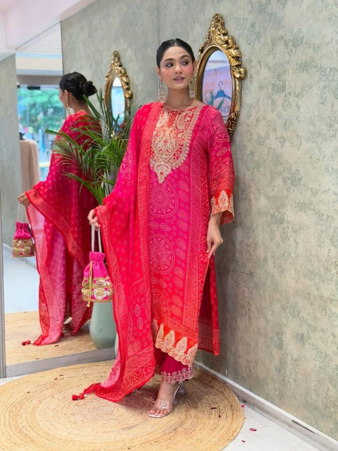 Rangriti Luxe  Embroidered Chinon Silk Suit Set