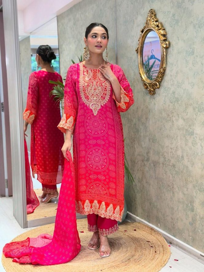 Rangriti Luxe  Embroidered Chinon Silk Suit Set