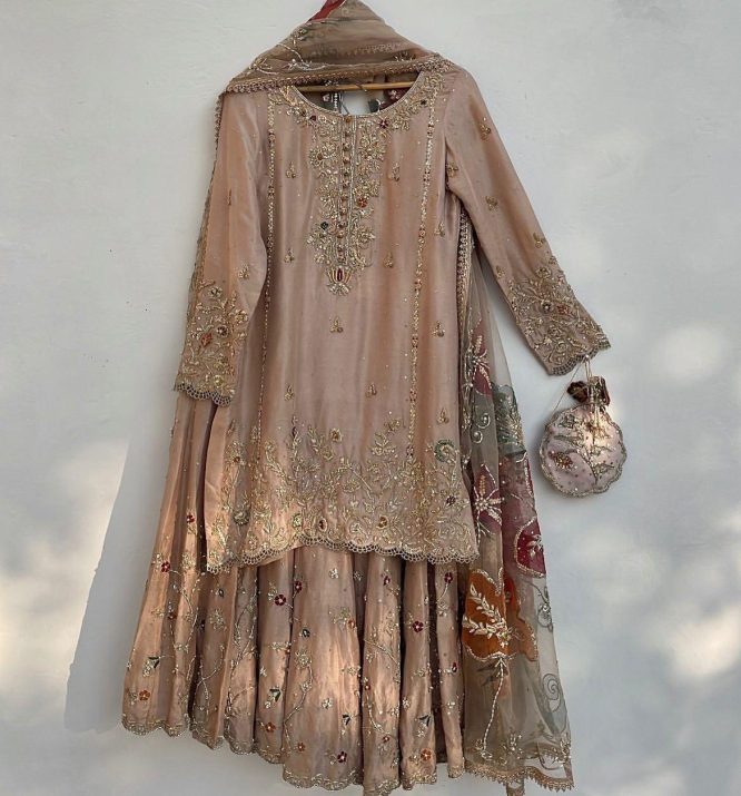 Noor Embroidered Sharara Set in Champagne Beige