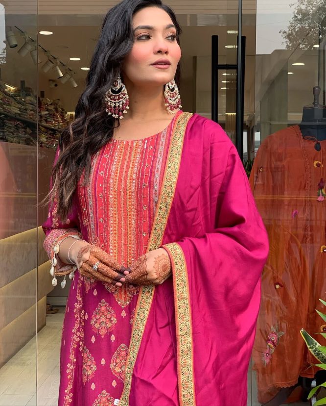 Rani Pink Embroidered Kurta Set with Dupatta