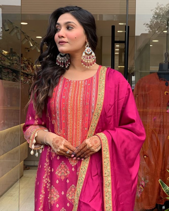 Rani Pink Embroidered Kurta Set with Dupatta