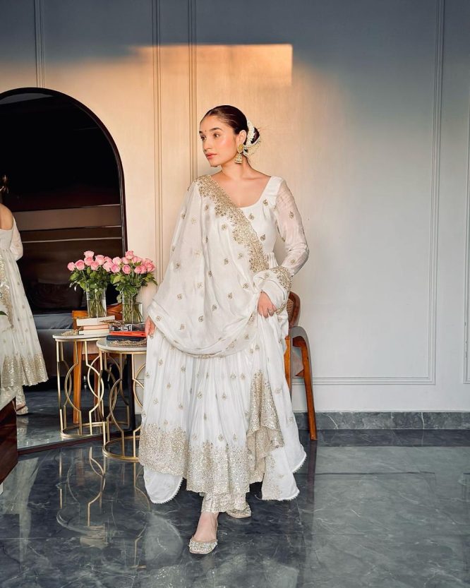 Pearl White Mirror Embroidered Anarkali Set