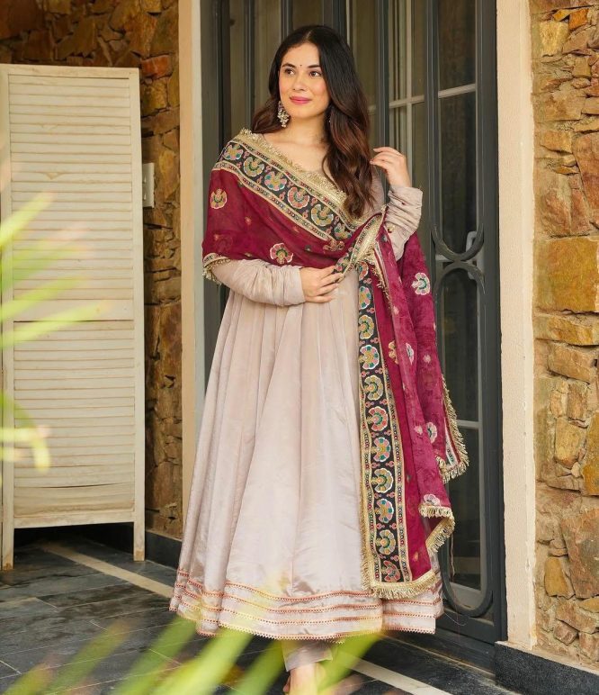 Regal Grace Anarkali Suit with Embroidered Dupatta