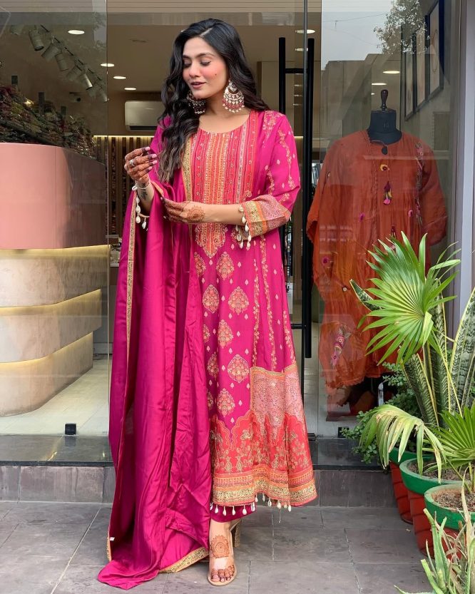 Rani Pink Embroidered Kurta Set with Dupatta