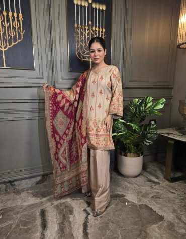 Premium Beige Printed Silk Suit with Maroon Dupatta